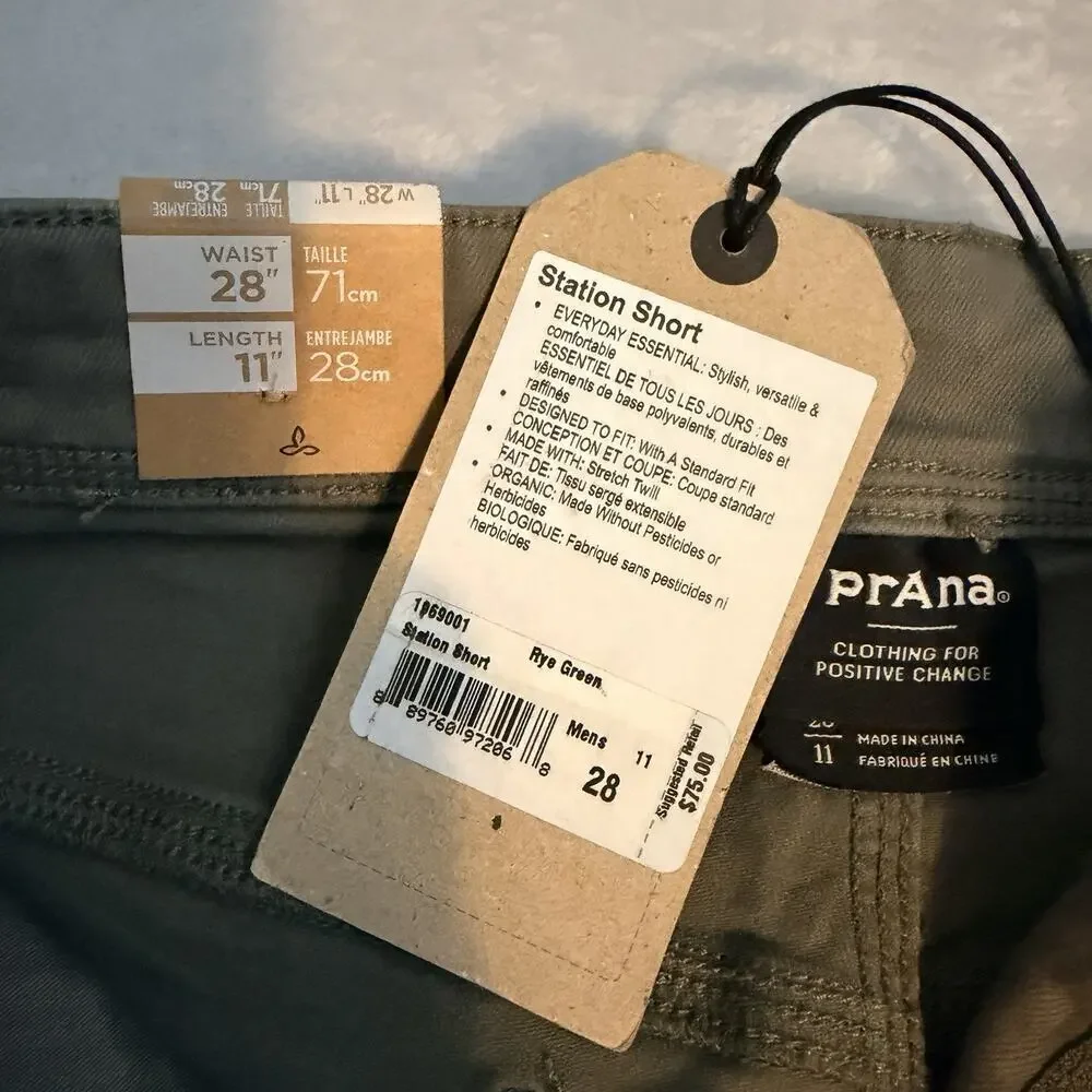 prAna Station Shorts Men’s 28 Rye Green Organic Cotton Stretch Twill NWT 11”